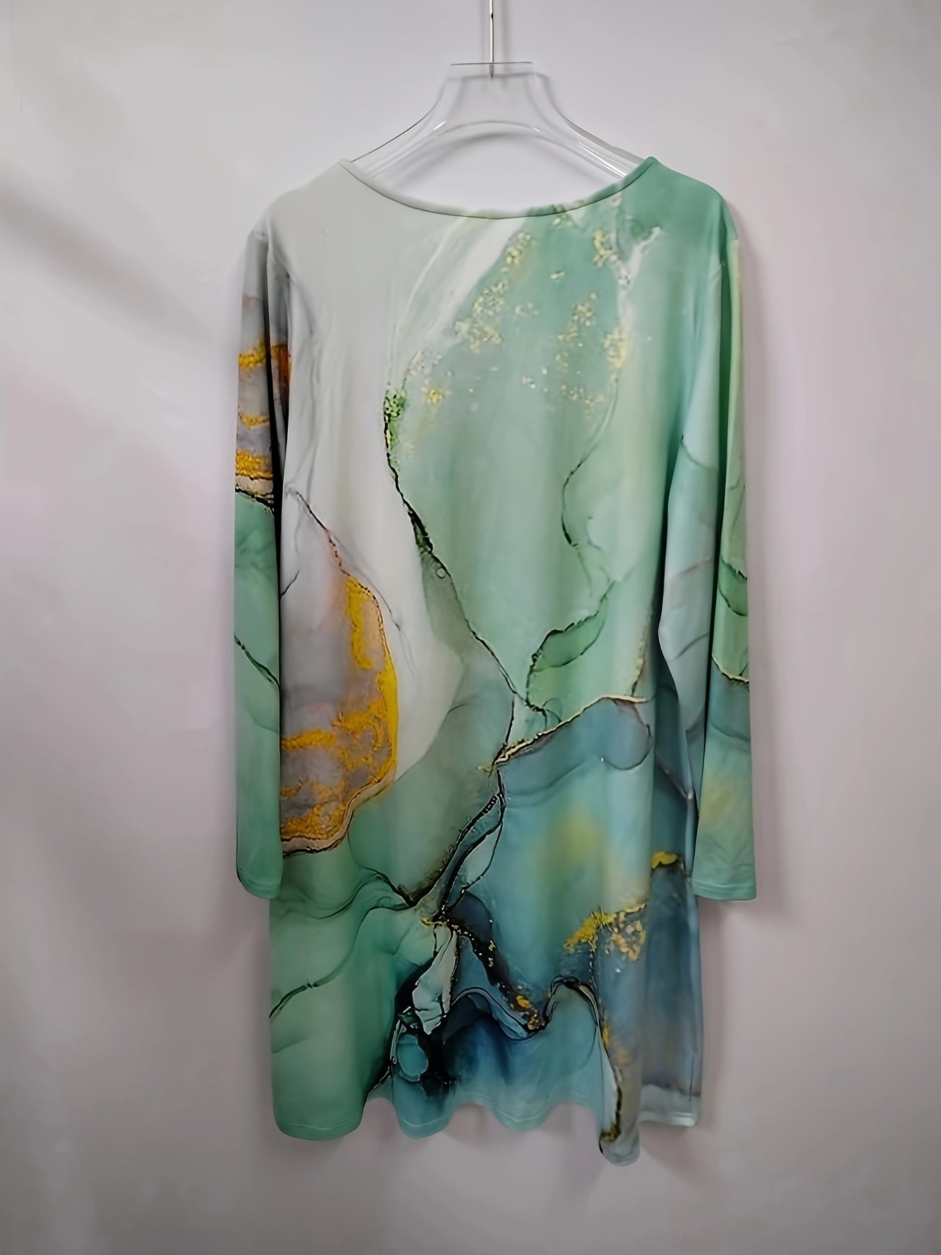 Marble Print Long Sleeve V Neck Stretch Mini Dress