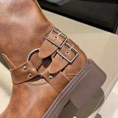 Women's Knee High Buckle Strap Boots Square Toe Solid Riding Boots