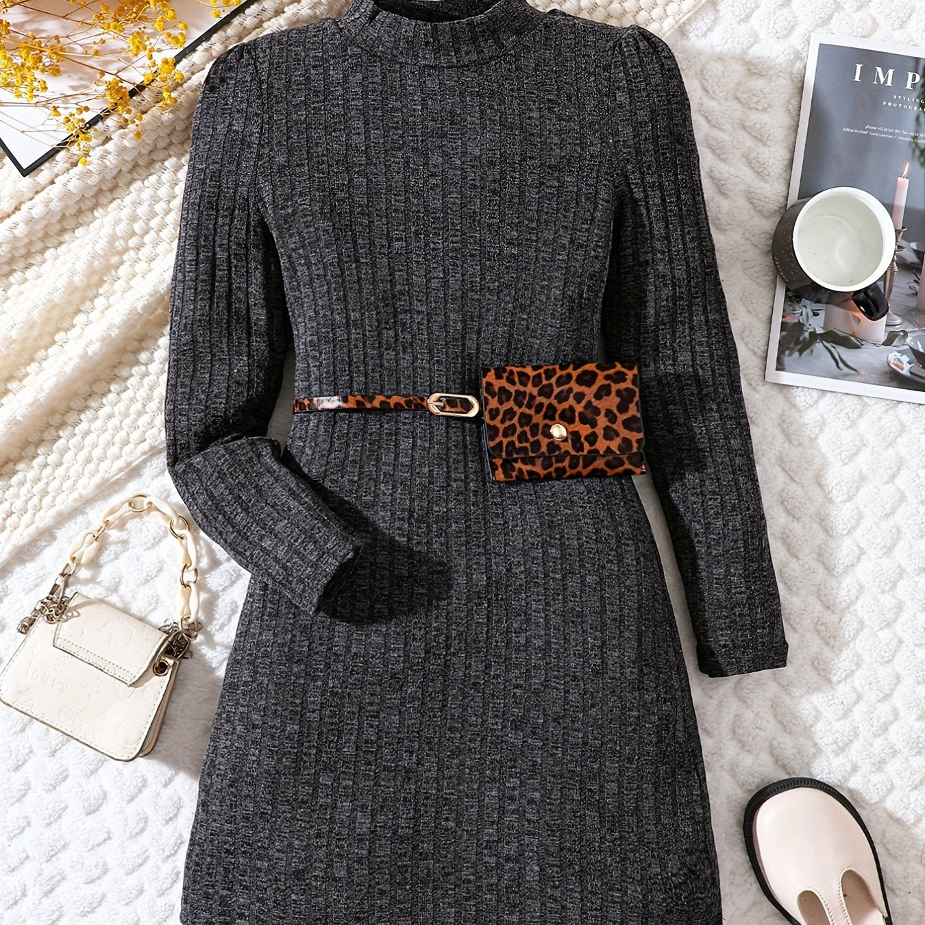 Girls' Stand Collar Knitted Dress Holiday Party Outfit