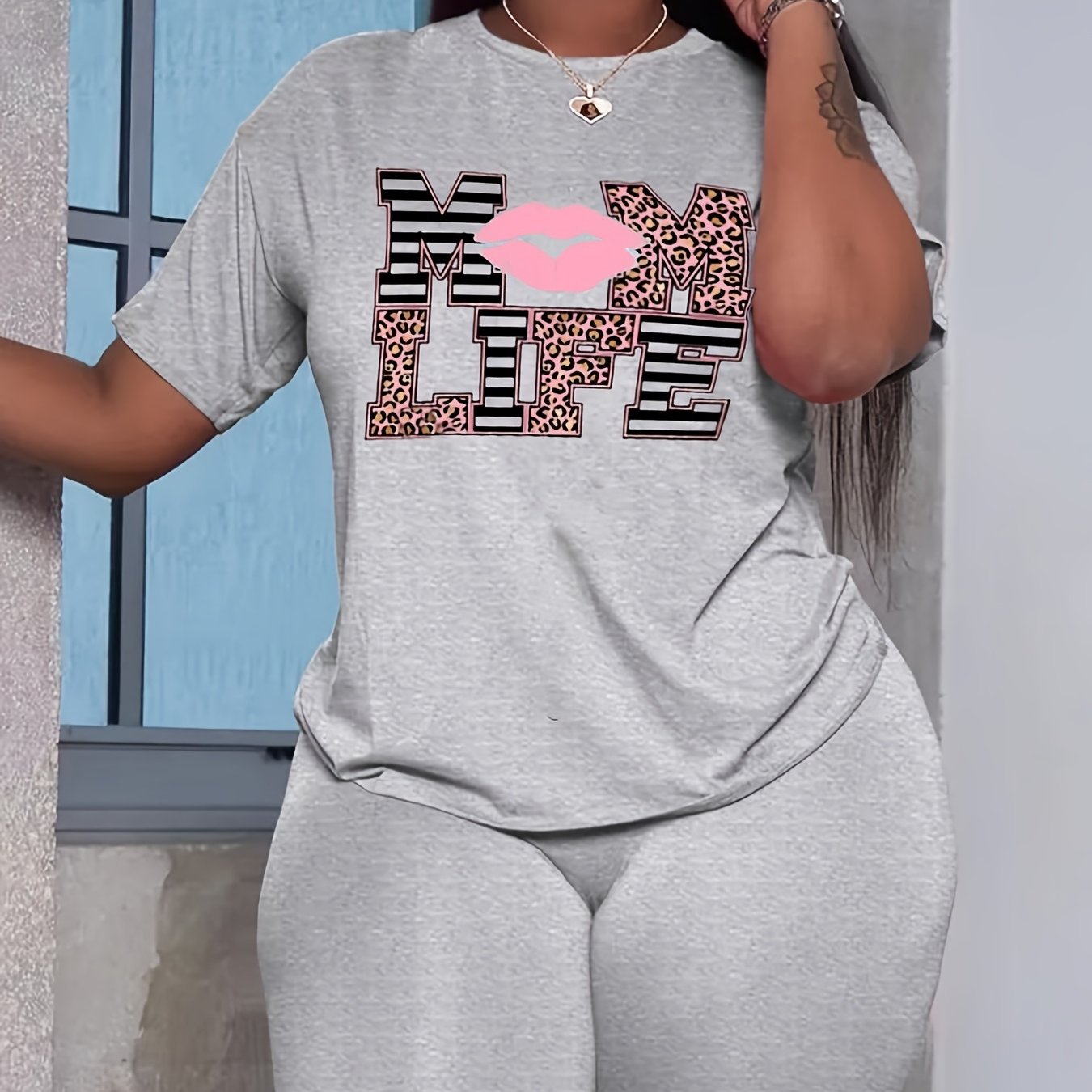 Letter Print 2pc Set Casual T-shirt & High Waist Shorts Outfits