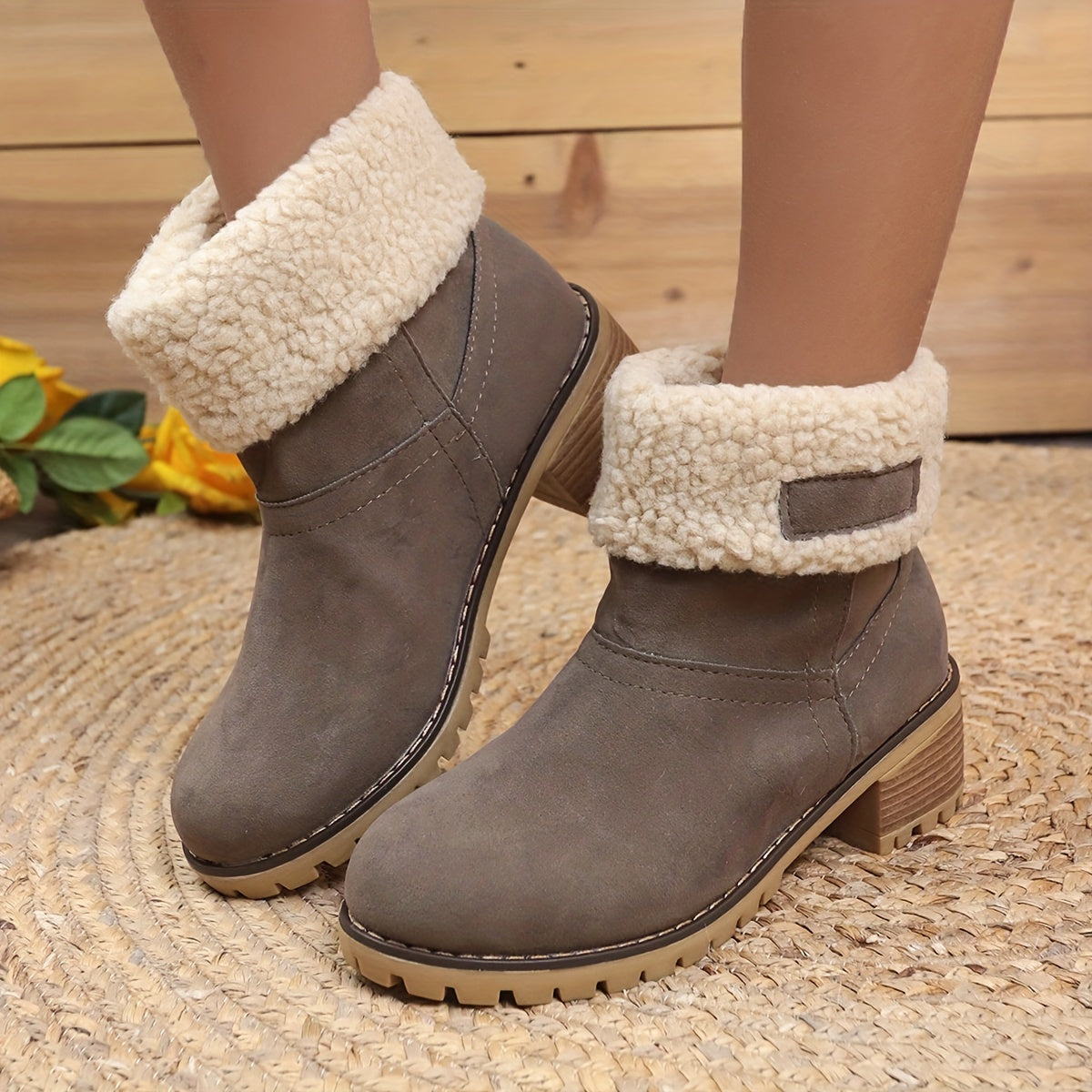 Women's Fuzzy Ankle Boots Chunky Heel Warm Velvet Fluffy Winter Shoes