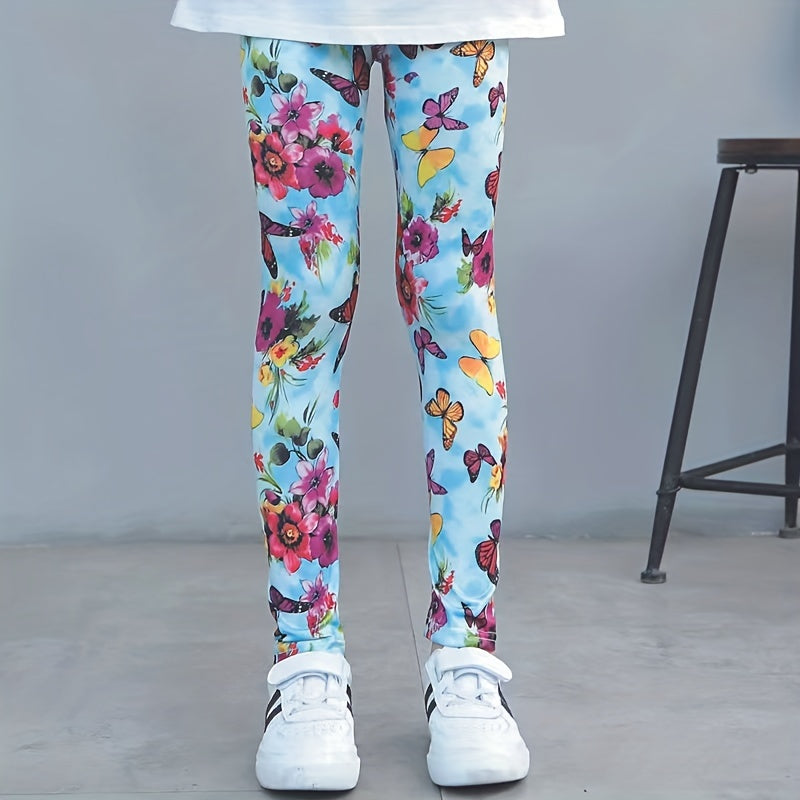 2pcs Girls Butterfly Pattern Leggings Elastic Printed Long Pants Summer Spring