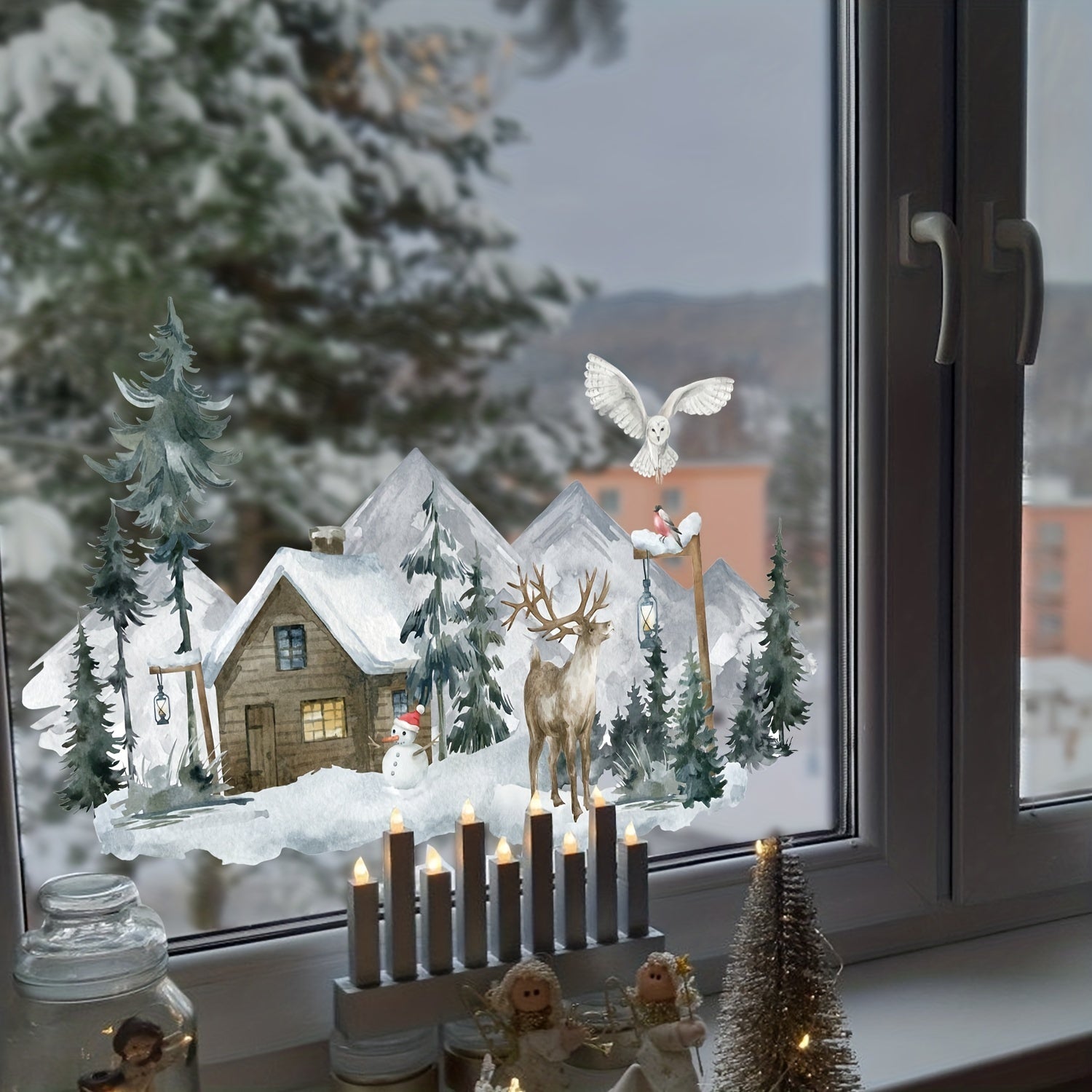 Christmas Stickers Wooden House Snowman Reindeer PVC Glass Stickers