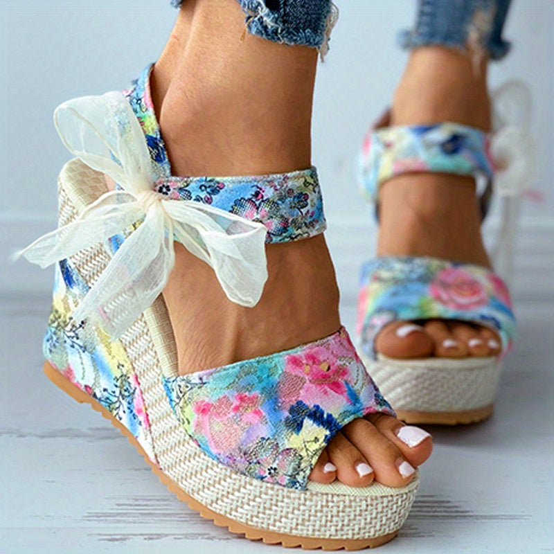 Floral Print Wedge Sandals Peep Toe Platform Shoes Hook & Loop Strap