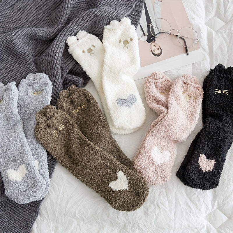 5 Pairs Heart Print Socks Warm Women's Stockings & Hosiery