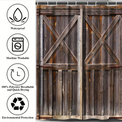 Wooden Door Shower Curtain Waterproof Rust Resistant Grommets Hooks