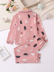 Feather Print Pajamas Set Cardigan Top & Pants Loungewear