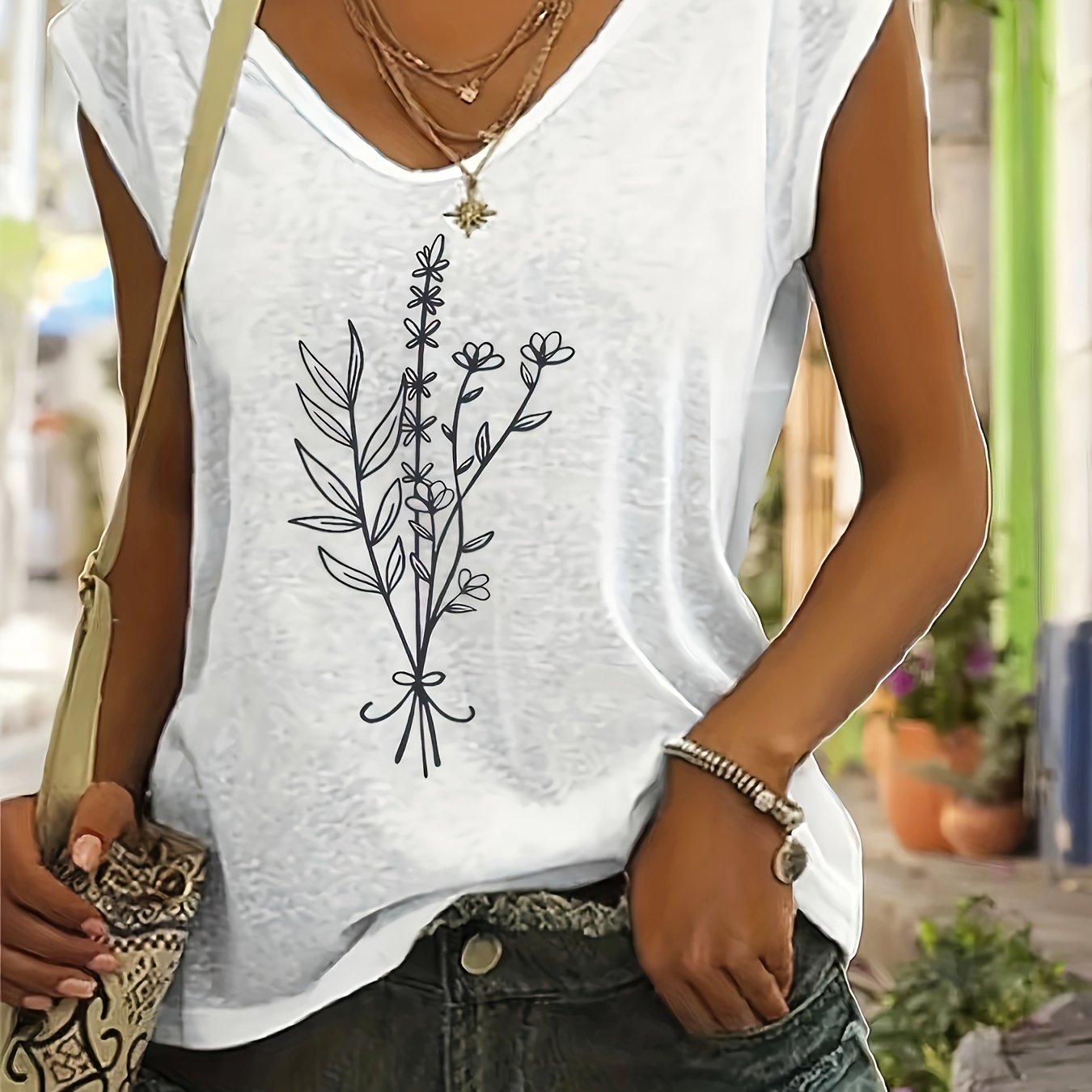 Plant Print V-neck Tank Top Sleeveless Casual Summer Women's Clothing