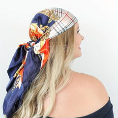 Navy Silk Square Scarf Plaid Large Shawl Women Headwrap Hair Accessories