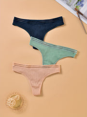 3pcs Ribbed Thongs Comfy Stretchy Intimates Panties Women's Lingerie
