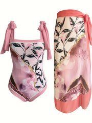 Retro Tankini Set Leaf & Mable Print Tie Shoulder Swimsuit
