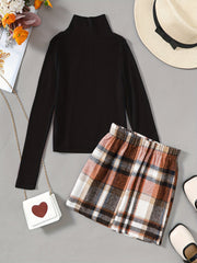 Girls Turtleneck Knit Top & Plaid Short Skirt Set