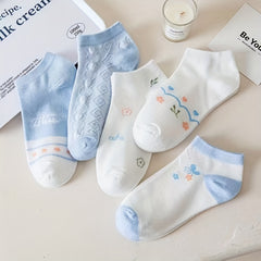 5 Pairs Floral Print Ankle Socks Soft Lightweight Women's Stockings