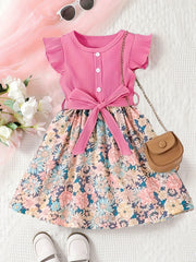 Toddler Girls Ruffle Trim Flowers Graphic Belted Spliced Princess Dress