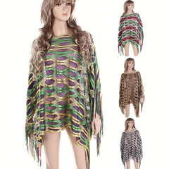 Geometric Tassel Wrap Poncho Cape Glitter Shawl