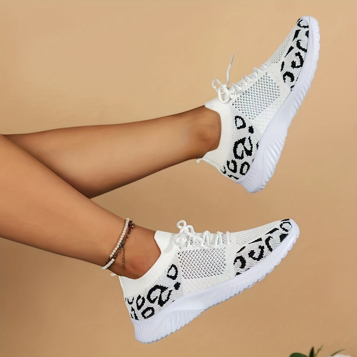 Leopard Print Lace Up Sneakers Lightweight Sports Shoes