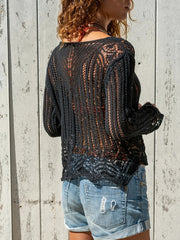 V Neck Hollow Beach Shirt Solid Long Sleeves Crochet Top Women's Swimwear