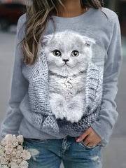Cat Print Pullover Sweatshirt Crew Neck Fall Winter Women's Clothing