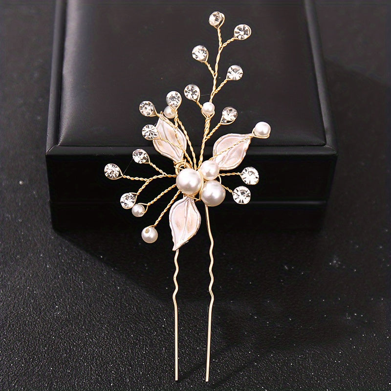 Crystal Faux Pearl Leaf Hair Pins Clips for Women Bride Hair Jewelry Wedding