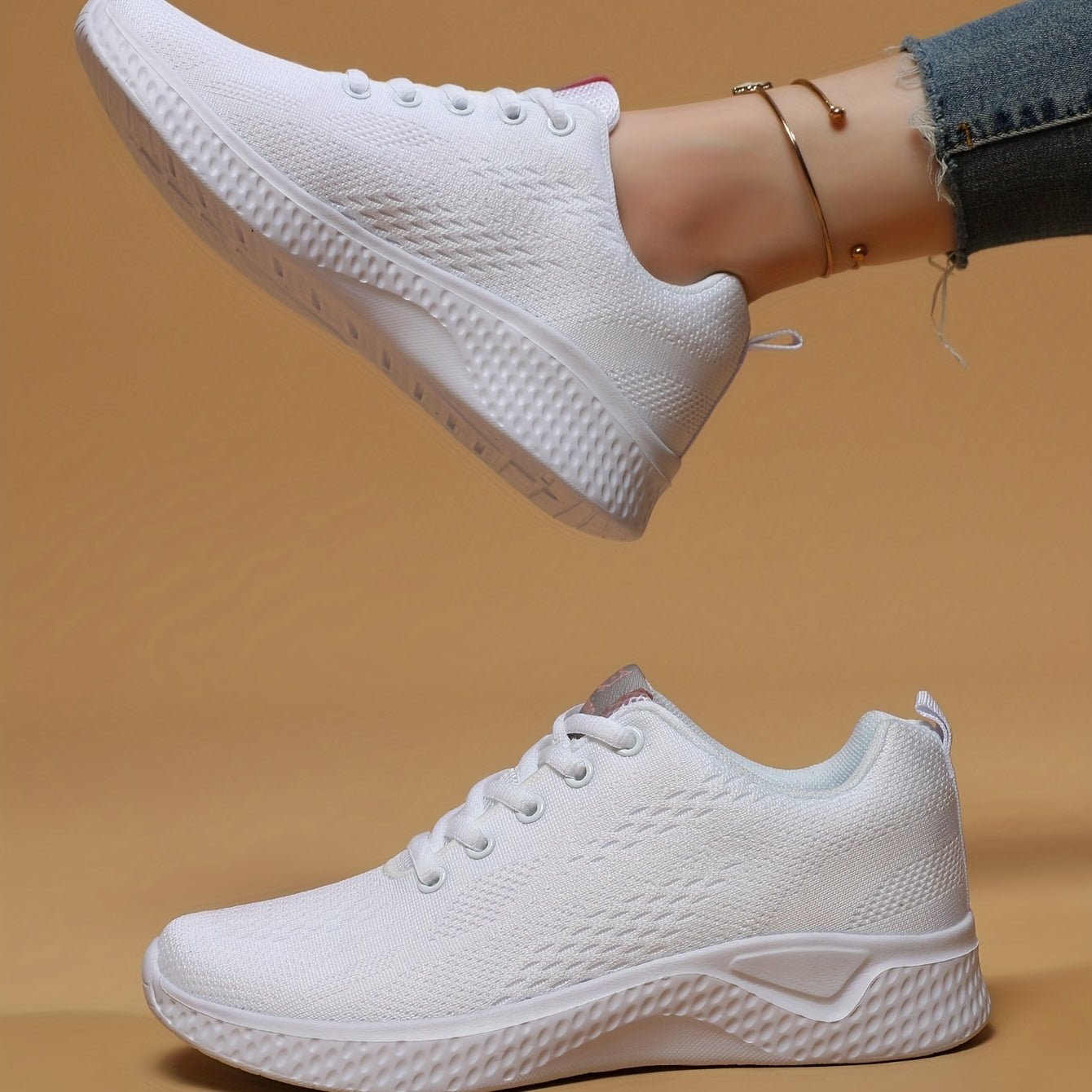 Women's Solid Sneakers Casual Breathable Knit Lace Up Shoes Lightweight