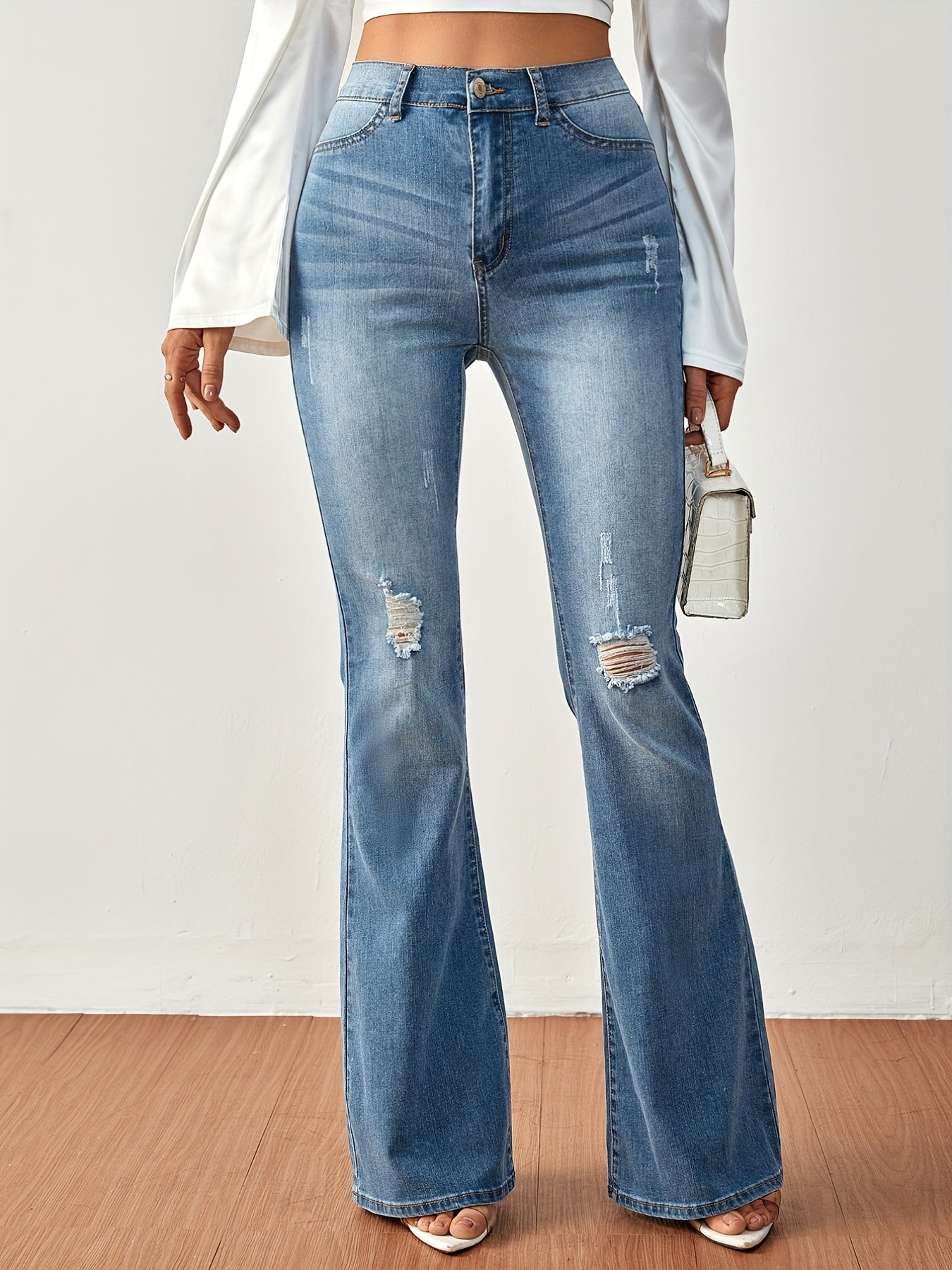 Ripped Flared Jeans Wide Legs Bell Bottom Slash Pockets Casual Denim Pants