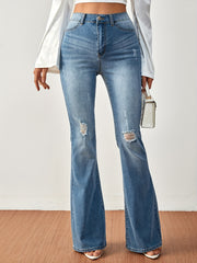 Ripped Flared Jeans Wide Legs Bell Bottom Slash Pockets Casual Denim Pants