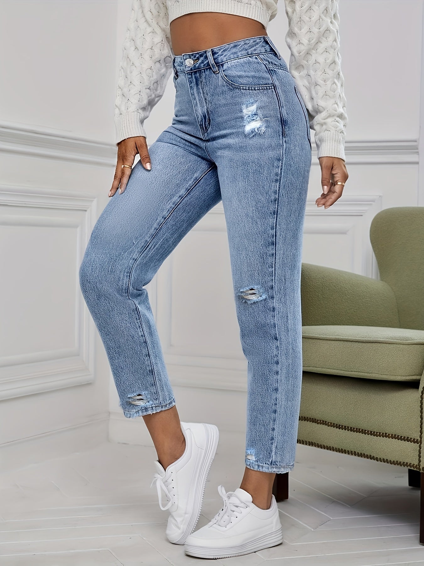 High Waist Distressed Denim Pants Women's Jeans