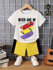Boys Skateboard Print T Shirt And Shorts Set for Summer