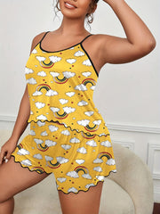 Rainbow Heart Print Pajama Set Round Neck Cami & Shorts Two Piece