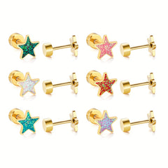 6 Pairs Mini Glitter Pentagram Star Screw Stud Earrings Golden Silver