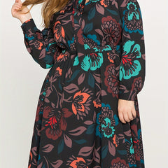 Floral Print Long Sleeve Plus Size Boho Dress with Tie Neck & Belt