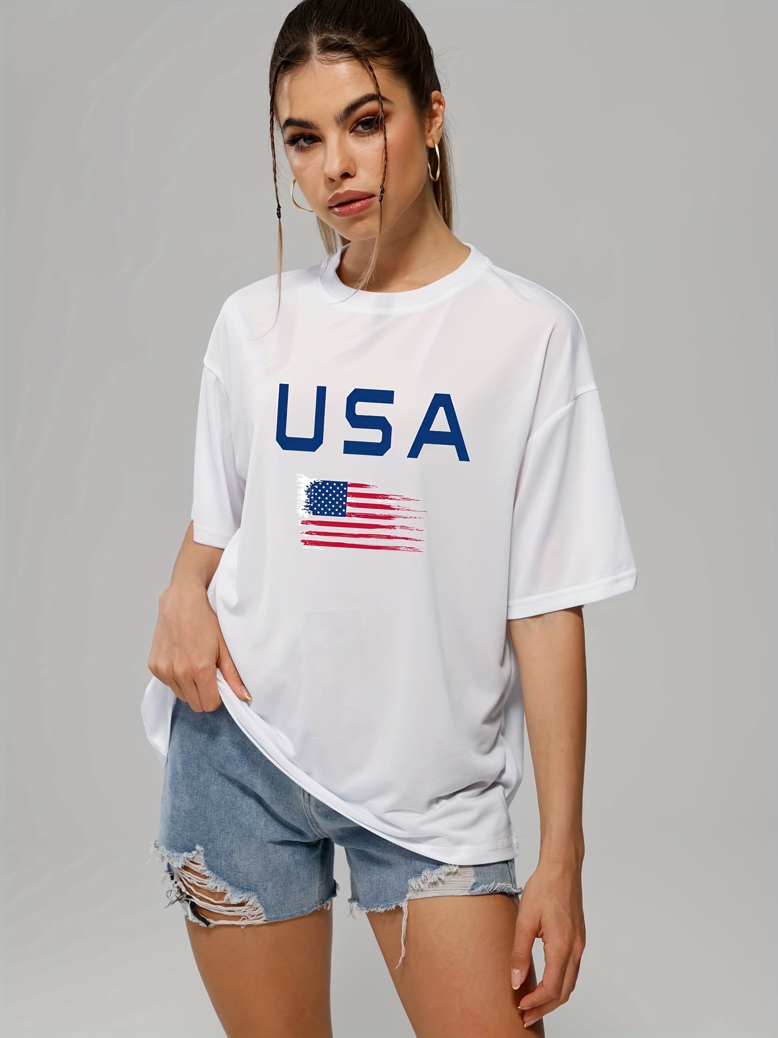 Letter & Flags Print Casual T-shirt Crew Neck Short Sleeve Tee