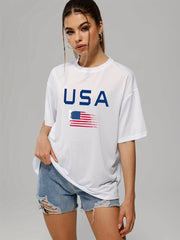 Letter & Flags Print Casual T-shirt Crew Neck Short Sleeve Tee