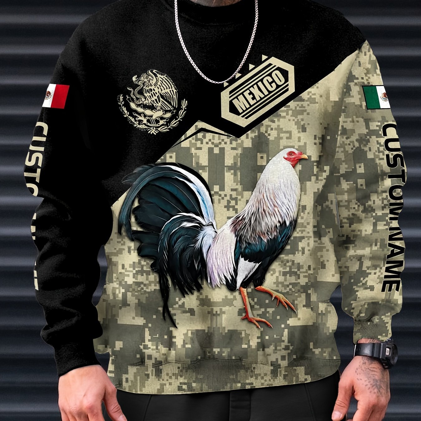 Mexico Rooster Print Men's Round Neck Sweatshirt for Autumn Winter