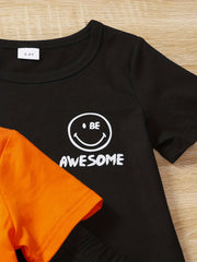 Boys Smile Face Graphic Print Short Sleeve T-shirt & Shorts Set
