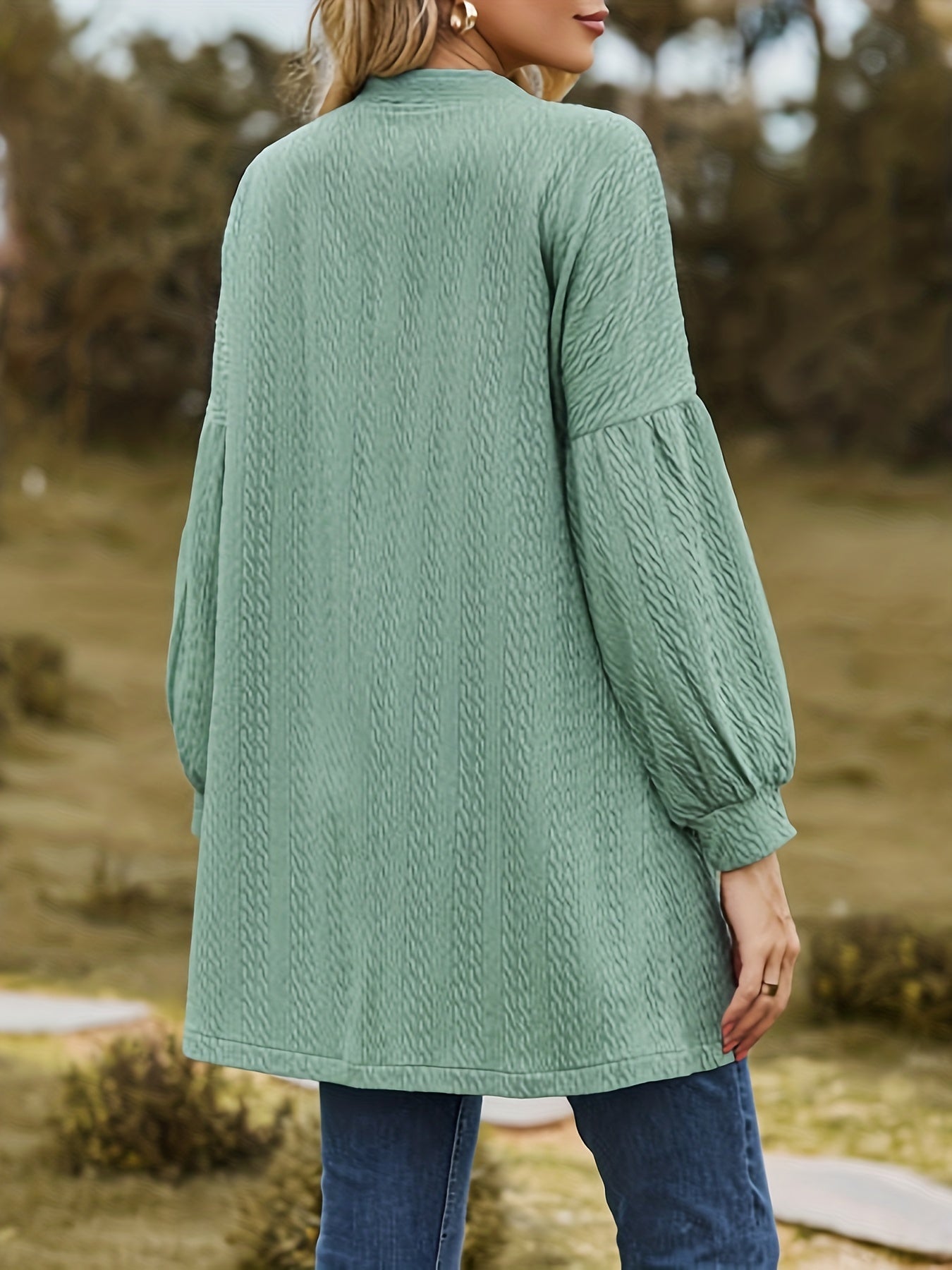 Casual Cardigan Solid Jacquard Lantern Sleeve