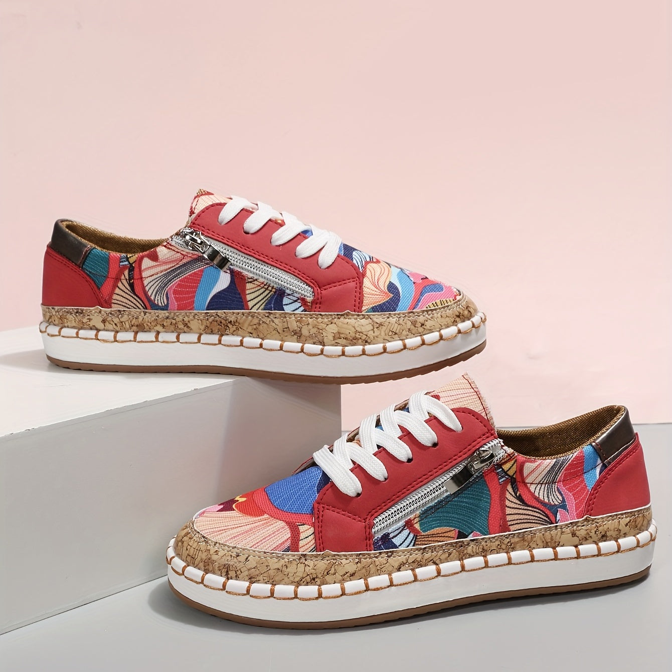 Colorblock Print Low Top Skate Shoes Lace Up Walking Sneakers