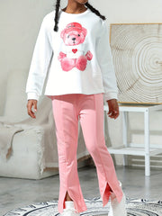 Girl's Cartoon Bear Outfit 2pcs Sweatshirt & Flared Pants Set