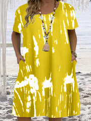 Tie Dye Short Sleeve Round Neck Dress With Pockets