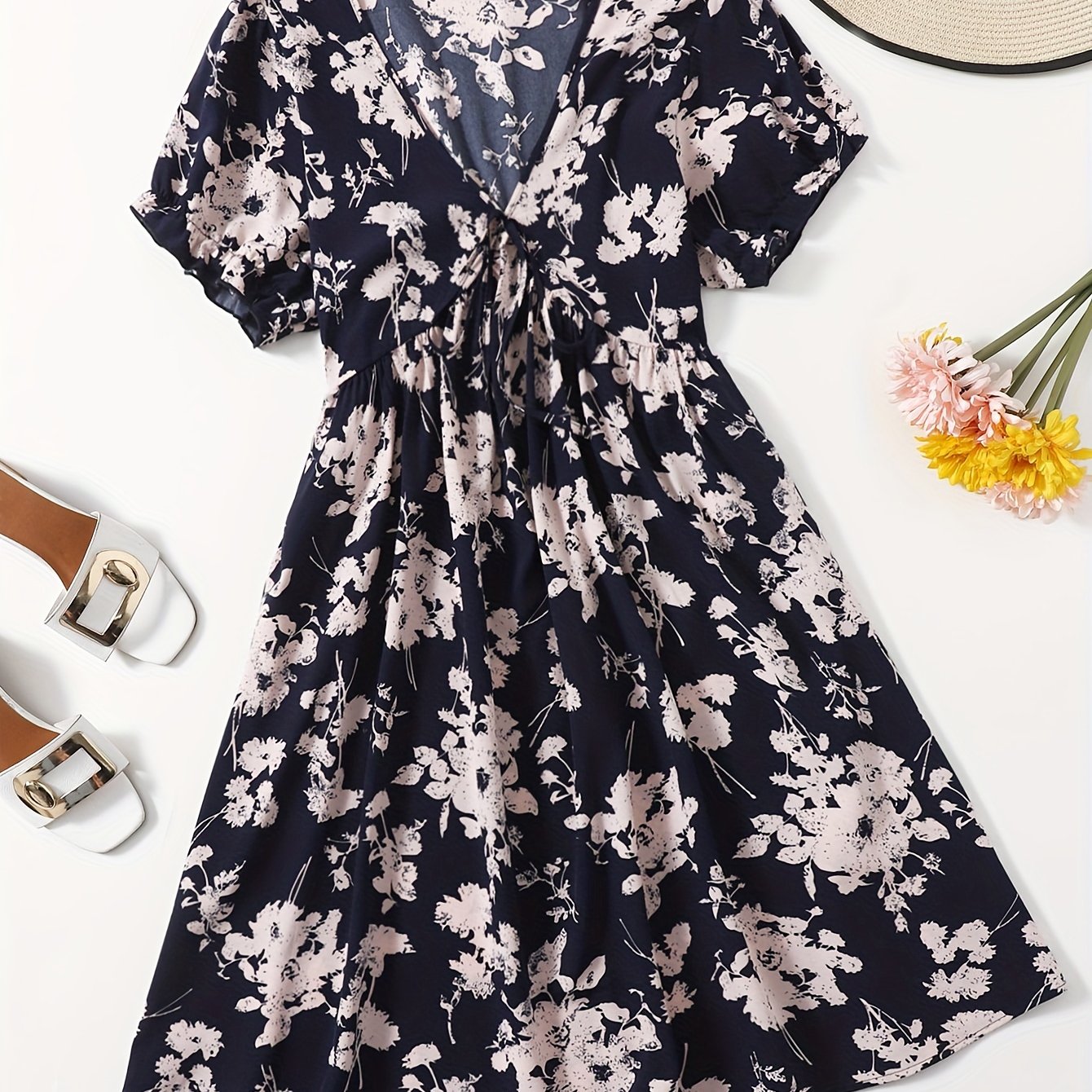 Plus Size Boho Dress Women's Plus Floral Print Puff Sleeve V Neck Dress