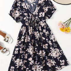 Plus Size Boho Dress Women's Plus Floral Print Puff Sleeve V Neck Dress