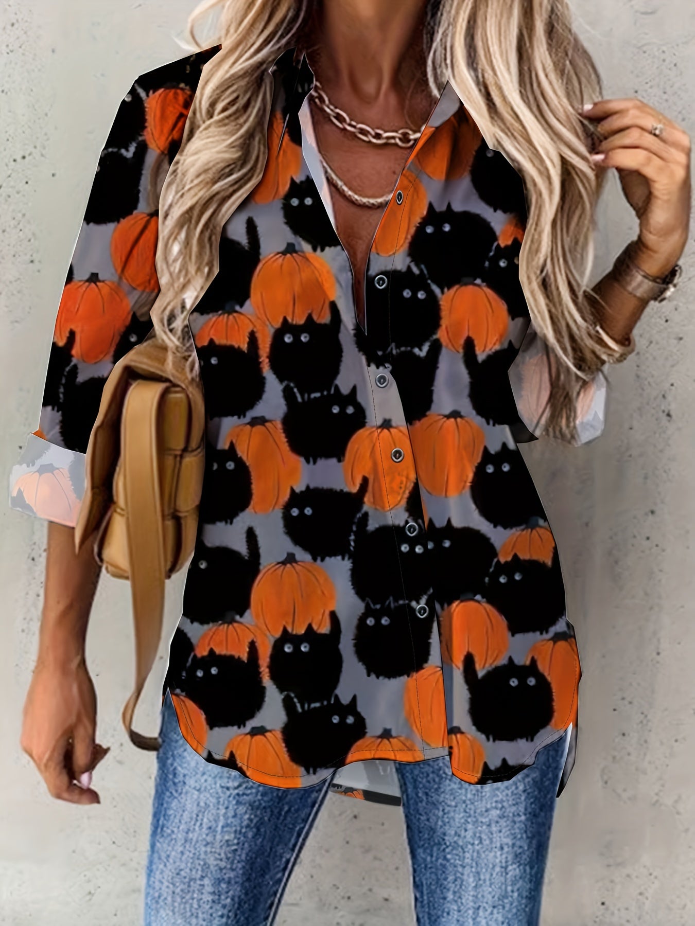 Halloween Blouse Women's Cat & Pumpkin Print Button Up