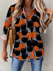 Halloween Blouse Women's Cat & Pumpkin Print Button Up