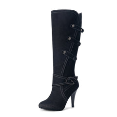 Women's Denim Heeled Long Boots Canvas Knee High Boots