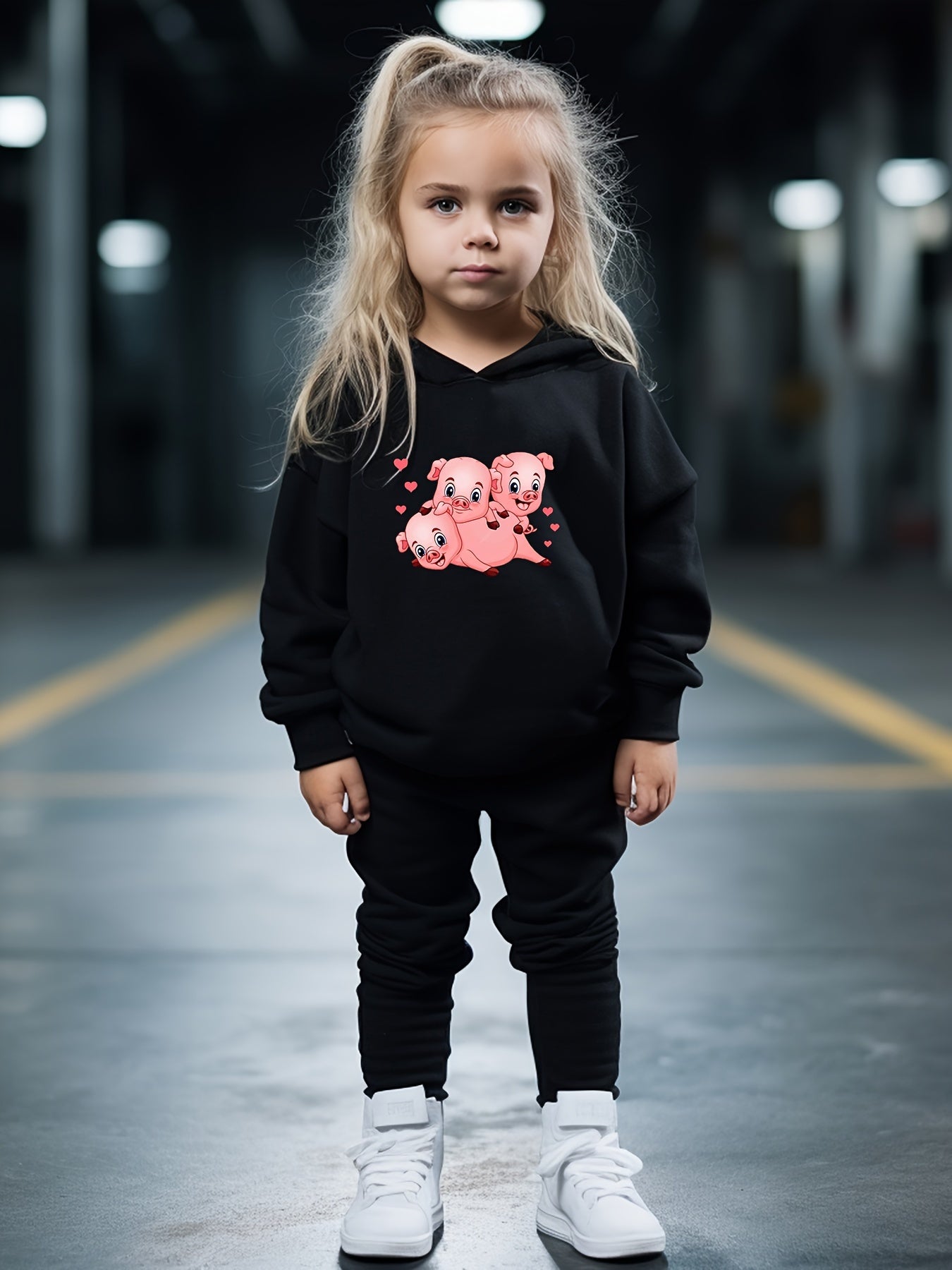 2pcs Cartoon Piggy Print Hoodies Pants Set For Kids Spring Fall Sports