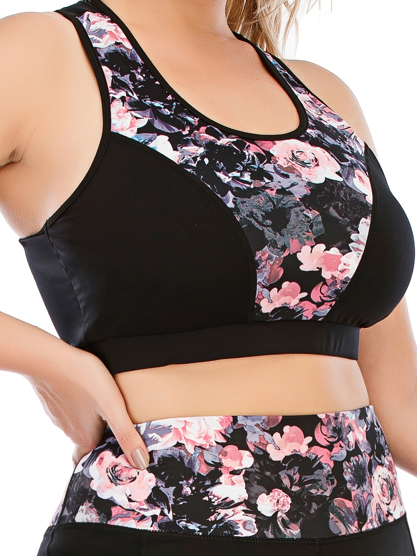 Floral Print Round Neck Yoga Bra Plus Size Comfortable Stretch Fitness Bra