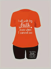 2 Pc Set Women's Plus Slogan Tee & Shorts