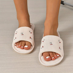Cherry Pattern Plush Slippers Open Toe Bedroom Shoes