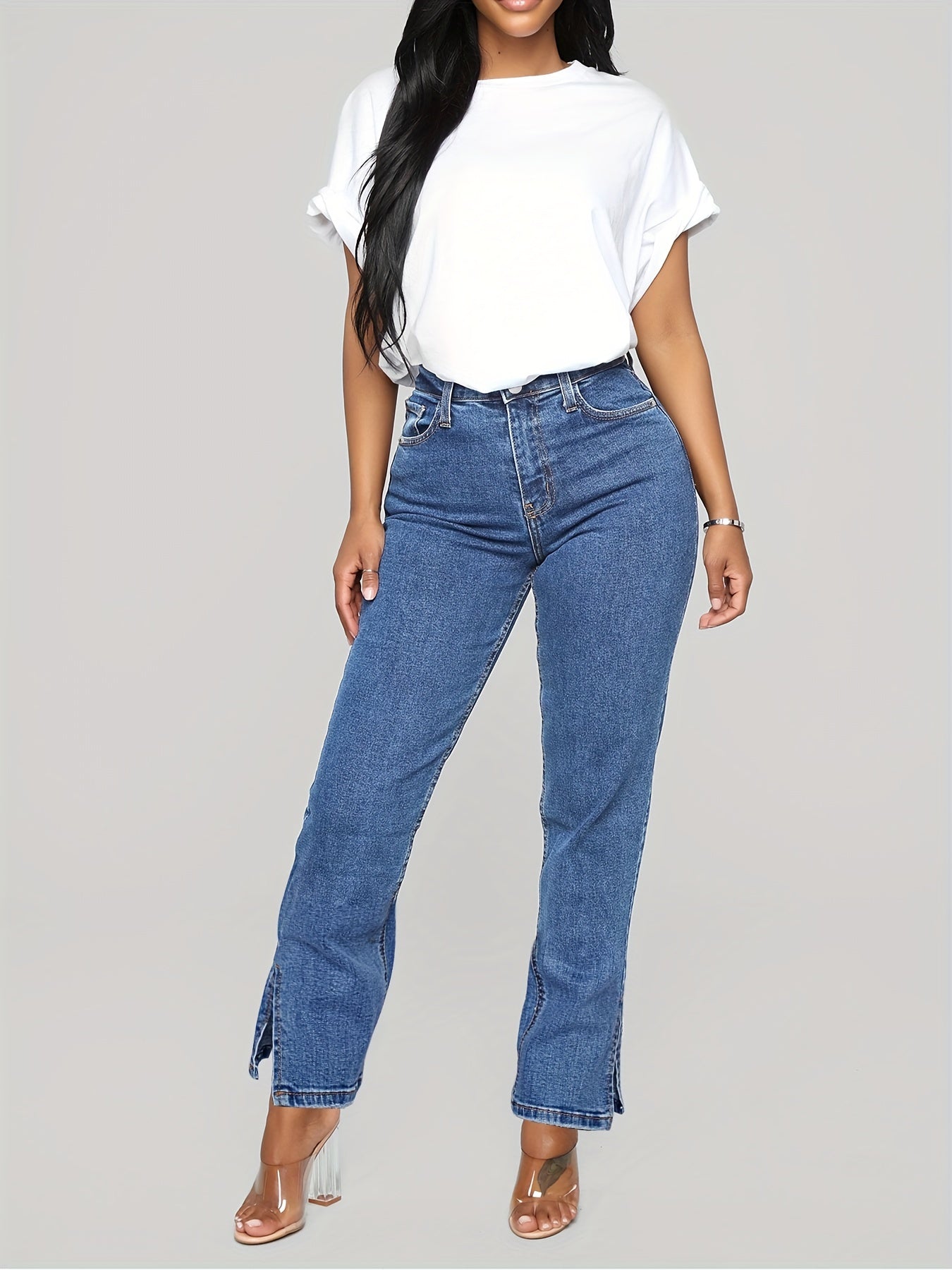High Waist Non Stretch Casual Denim Pants