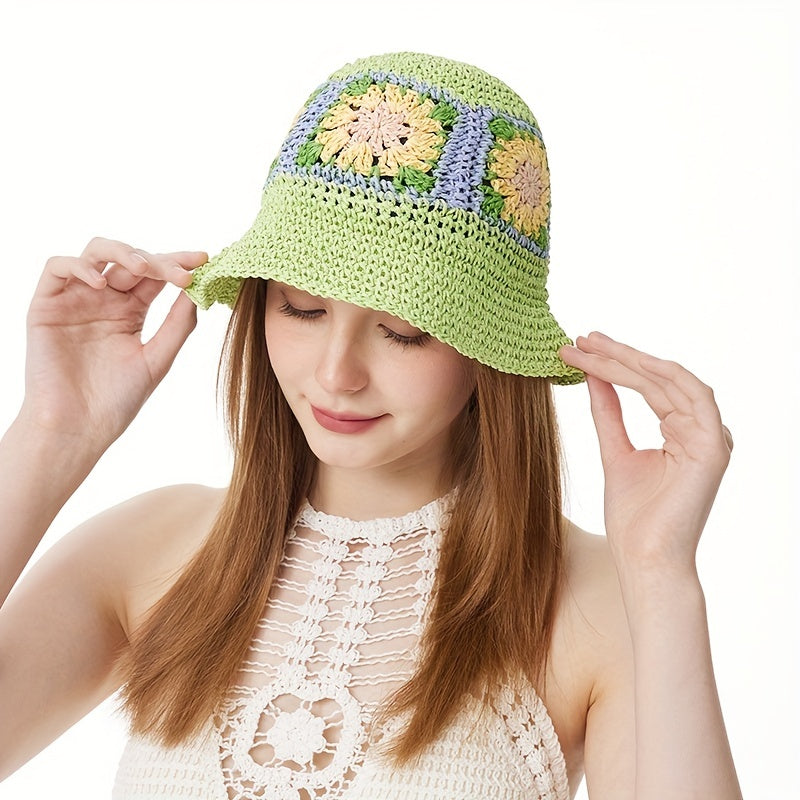 Boho Flower Crochet Ruffle Bucket Hat Lightweight Breathable Sun Foldabl